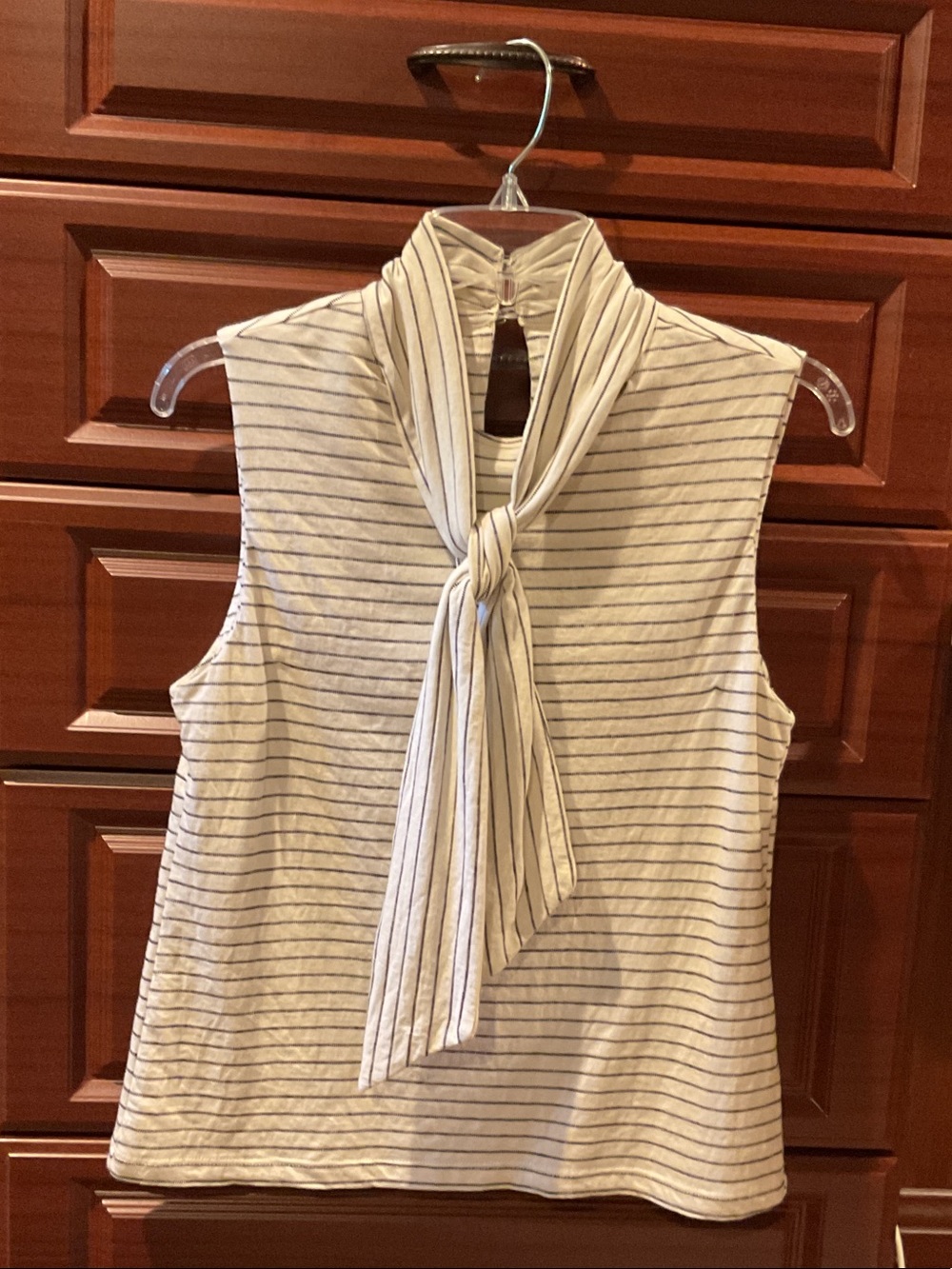 Evereve Cream Sleeveless Striped Tie-Neck Top